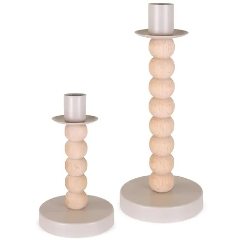 matches21 HOME & HOBBY Stabkerzenhalter 2er Set Holz-Metall Natur-Beige 14 & 20 cm - Moderne Kerzenhalter für Tischdeko