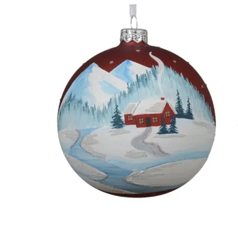 Weihnachtskugel aus Glas mit Schneelandschaft und Häusern, Durchmesser 10 cm (rot)