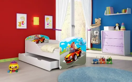 Kinderbett Jugendbett Komplett mit einer Schublade und Matratze Lattenrost Weiß ACMA I (140x70 cm + Bettkasten, 03 Racing Car)