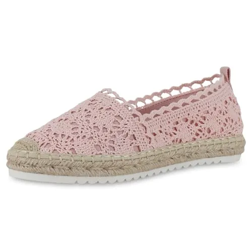VAN HILL Damen Espadrilles Plateau Spitze Trendy Schuhe 215918 Rosa 37