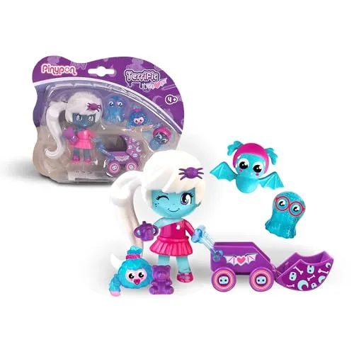 Pinypon Terrific My Monsters & Me Set Geistermädchen mit 3 Haustieren und Buggy, Puppe mit im Dunkeln leuchtenden Dekorationen, für Kinder und Kinder ab 4 Jahren, berühmt (PNY55000)