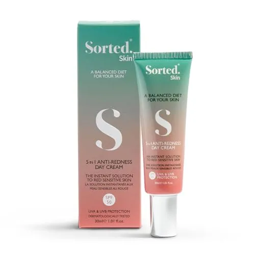 Sorted Skin 5 in 1 Anti-Rötungen Tagescreme SPF50 30ml - Abdeckartikel mit Lichtschutzfaktor 50, neutralisiert Rötungen und Hautirritationen für einen ebenmäßigen Teint – ideal für empfindliche Haut.