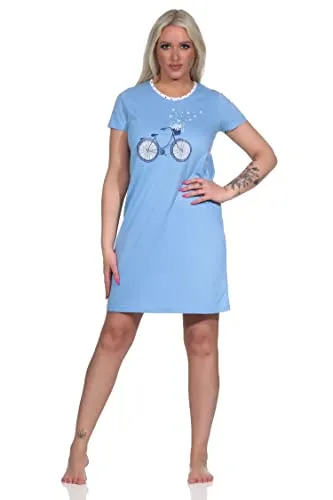 NORMANN-Wäschefabrik Kurzes Damen Nachthemd Bigshirt mit Fahrrad-Motiv - 112 214 10 736, Farbe:blau, Größe:40-42