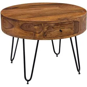 Wohnling Couchtisch Sheesham Massivholz/Metall 60x44,5 cm - Beistelltisch fürs Wohnzimmer mit zwei praktischen Schubladen für Ordnung, elegantes Design aus robustem Sheesham-Massivholz und filigranen Haarnadelbeinen.