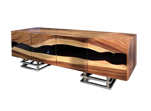 Moderne Anrichte Sideboard aus Epoxidharz in Braun - Elegantes Sideboard mit 200 cm Breite, gefertigt aus hochwertigem Massivholz. Ideal für das Wohnzimmer, bietet es zeitgemäße Ästhetik und praktische Stauraummöglichkeiten.