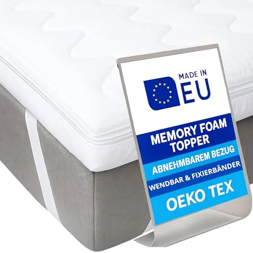 Pillows24 - Topper 120x200cm aus Memory-Schaum - 6cm hoch - Matratzentopper mit abnehmbarem Bezug | Wendbar & Fixierbänder | Oeko-TEX | Made in EU - Matratzenauflage | Matratzen Topper für jedes Bett