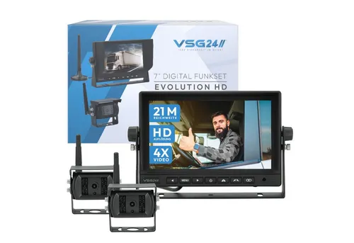 VSG24 7“ Funk Rückfahrsystem EVOLUTION HD - Rückfahrkamera-Set für Wohnmobile & LKW, kabellos mit 21 Meter Funkübertragung, einfach zum Nachrüsten und ideal für sicheres Rangieren.