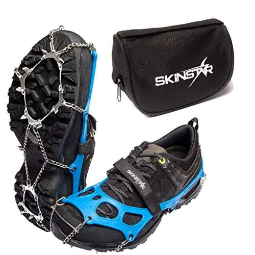 SkinStar Trail Run Light Grödel Steigeisen mit Eisspikes - 15 Edelstahlspikes - Optimale Sicherheit bei Winter-Wanderungen mit den SkinStar Grödeln. Leicht, kompakt und schnell anziehbar, bieten sie sicheren Halt auf Eis und Schnee. Ideal für verschiedene Aktivitäten wie Trail-Running, Wandern und mehr.