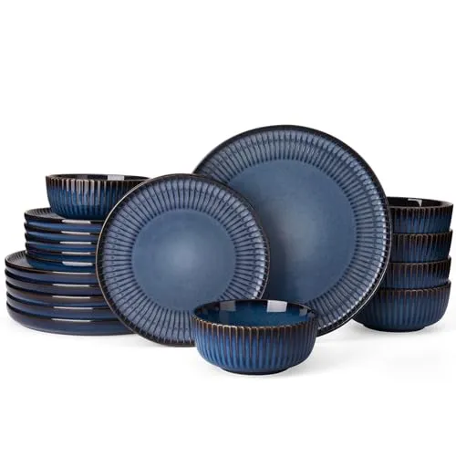 Richmount Starlight Geschirrset, 18-teiliges Teller Set, Geschirrset 6 Personen, Geripptes Strukturiertes Geschirr, Mikrowellen & Spülmaschinenfest, Anti-Kratzer, Reaktive Glasur, Nebelblau