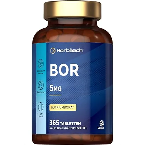 Boron 5mg - Hochdosiertes Bor Supplement mit 365 veganen Tabletten - Boron-Präparate: 5 mg Bor pro Tablette, unterstützt die Mineralstoffaufnahme und reicht für ein ganzes Jahr. Ideal für vegane Ernährung ohne unerwünschte Zusätze.