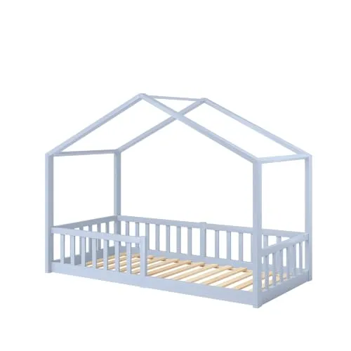 Bellabino Bia Kinderbett 90x200 cm – Bodenbett mit Rausfallschutz & Lattenrost – Hausbett aus Massivholz Kiefer – Montessori Kinder Bett in Blau für Jungen und Mädchen