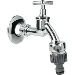 tecuro Auslaufventil 1/2 Zoll, Knebeloberteil, Rohrbelüfter DVGW, Steckkupplung, Wandrosette, Dichtband - Messing hochglanzverchromt