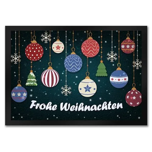 trendaffe - Frohe Weihnachten Fußmatte mit Christbaumkugeln Motiv Kugeln Tannenbaum Schnee