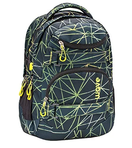Wave Infinity Schulrucksack Schwarz Grün mit Laptopfach - Unisex Tagesrucksack mit gepolstertem Laptopfach (15.6”) und Tabletfach (10”), ideal für Schule und Freizeit. Praktische Fächer und ergonomisches Design für optimalen Tragekomfort.