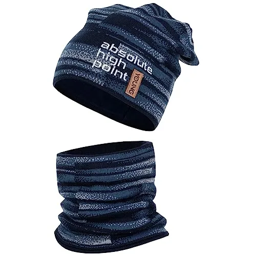 Smarilla Wintermütze Strickmütze Strickschal 2er Set Winterset Jungen Kinder 6-12 Jahre, Farbe: Blau-Grau