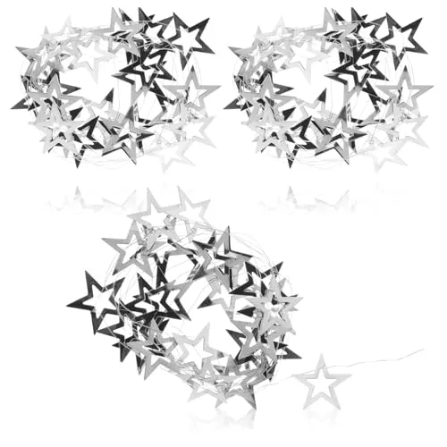 com-four® 3X silberfarbene Girlande mit Sternen - Weihnachtsgirlande für Christbaumschmuck - Stern-Girlande für Adventskranz - je 2 m