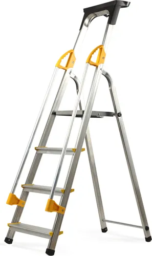 KADAX Aluleiter 4 Stufen - Klappbare Stehleiter mit Handlauf - Leitern, belastbar bis 150 kg und ausgestattet mit rutschfesten Füßen sowie Ablage für Werkzeuge. Ideal für Renovierungen und sicheres Arbeiten in Höhen!