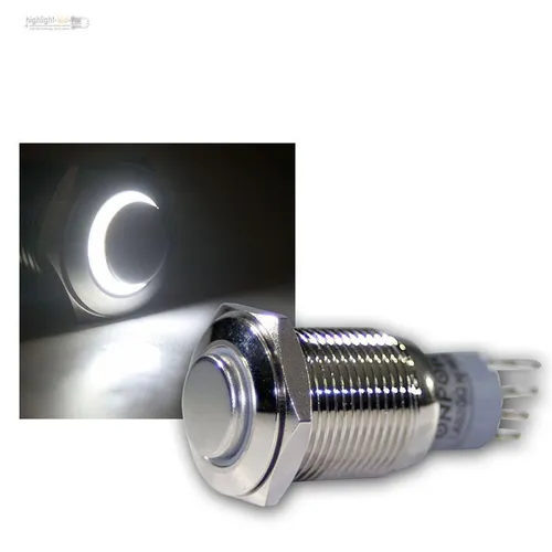 Schalter aus Metall mit LED-Beleuchtung Weiß, max. 230V/3A, Druckschalter rund