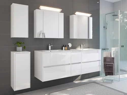 Magnolia Home Waschtisch Badmöbelset Taifun 170cm 5tlg mit 2 Spiegelschrank & 2 Badschrank - Hochwertiges Badmöbelset für stilvolle Badezimmergestaltung. Mit eleganten Hochglanz-Oberflächen und durchdachtem Stauraum, ideal für modernes Wohnen.