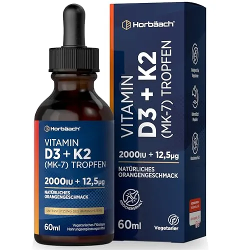 Hochdosierte Vitamin D3 K2 Tropfen 60ml | 2000 IE D3 + 12,5 µg K2 MK7 von Horbaach - Vitamin D Präparate für Knochengesundheit und Immununterstützung, ideal für Veganer, ohne künstliche Zusatzstoffe. Einfach in der Anwendung, besonders bei wenig Sonnenlicht.