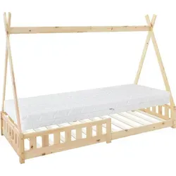 ML-DESIGN Spielbett Hausbett Tipi Zeltbett mit Lattenrost - Betten für Kinder, hochwertiges Kiefernholz mit Rausfallschutz, perfekte Spiel- und Schlafoase für Kinder von 3 bis 10 Jahren.