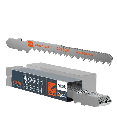 Presch Stichsägeblätter Holz 10 Stk. (Kurve) - Sehr sauberer Kurvenschnitt (4-30mm) - Stichsägeblatt Set zweiseitig - T-Schaft für jede Stichsäge - Sägeblätter für Spanplatten, OSB, uvm.