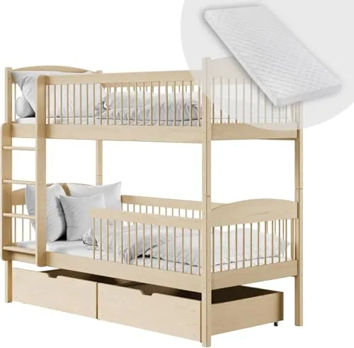 Hochbett Kinder mit 2 Matratzen & Schubladen – Sicher & Funktional - Hochbett aus massivem Kiefernholz mit zwei Matratzen und zwei praktischen Schubladen. Ideal für maximalen Stauraum und flexible Gestaltung des Kinderzimmers.