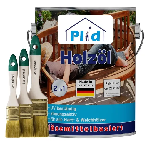 Holzöl Douglasie 2,5L mit Pinselset 3-tlg - Holzpflege für ca. 25m², schnelltrocknend und ideal für Gartenmöbel. Perfekte Seidenmatt-Finish für langlebigen Schutz.