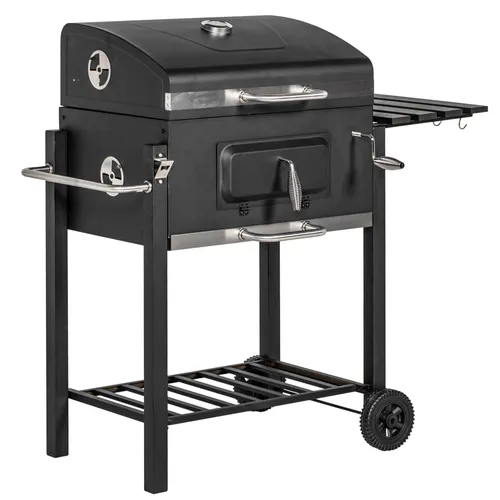 Grillwagen Holzkohlegrill BBQ Standgrill Edelstahl Schwarz 113x65x108cm für Garten & Terrasse