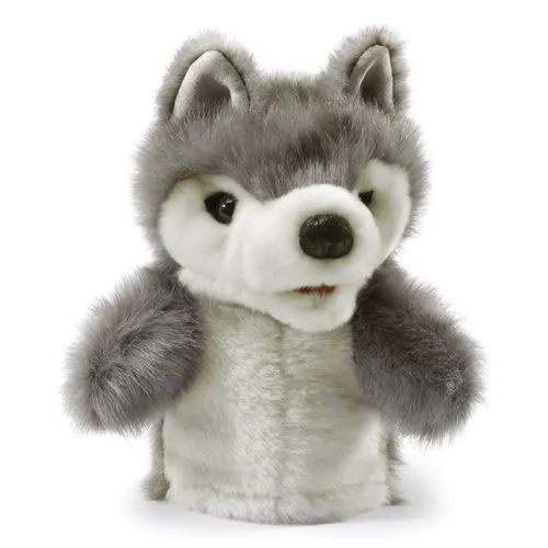 Folkmanis kleiner Wolf Handpuppe - Plüsch-Handpuppen, interaktive Handpuppe mit beweglichem Maul und Vorderbeinen, ideal für kreatives Spielen und Geschichtenerzählen.