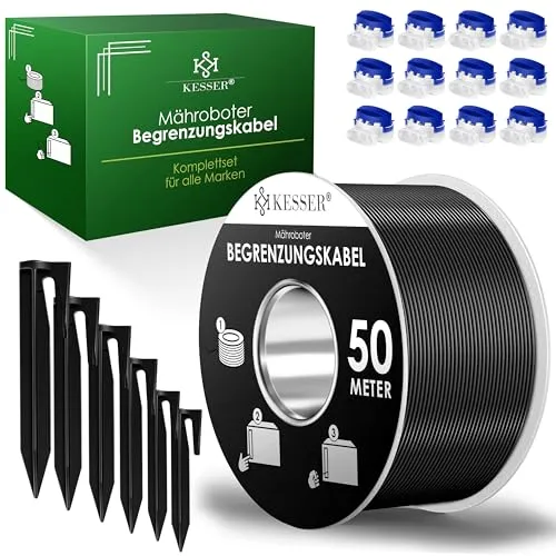 KESSER® Begrenzungskabel 50m Set - Mähroboterzubehör mit 200 Erdspießen und 12 Kabelverbindern, ermöglicht eine einfache Installation eines unsichtbaren Zauns für präzises Rasenmähen.