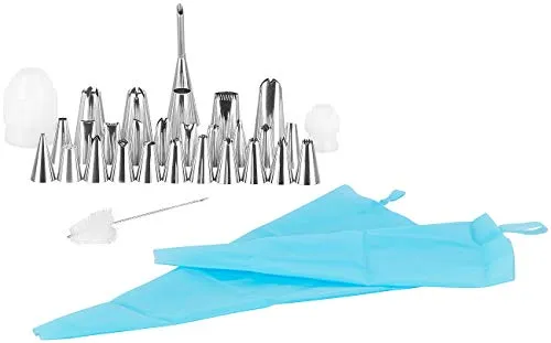 Rosenstein & Söhne Tortenspritze Edelstahl: 32-teiliges Spritzbeutel-Set in 2 Größen, mit 27 Edelstahl-Aufsätzen (Spritztüte, Spritztülle, Küchenhelfer)