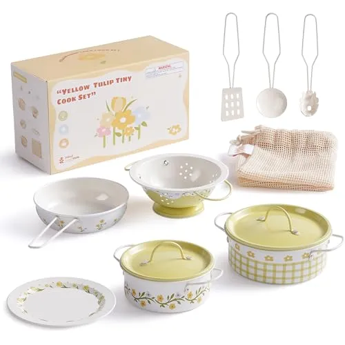 ROBUD Kinderküche Zubehör Topfset Spielset, 8-teiliges Kinder Töpfe und Pfannen-Sets aus Weißblech, Kinderküche Kochgeschirr für Rollenspiele, Geschenk Spielzeug für Kinder ab 3 Jahren, Gelb