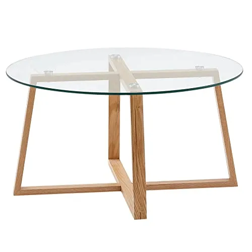 FINEBUY Couchtisch FB31296 – Moderner Kaffeetisch aus Eiche und Glas - Couchtisch aus massivem Eichenholz und Glas, rundes, modernes Design für stilvolle Wohnzimmer. Perfekt für gemütliche Abende!