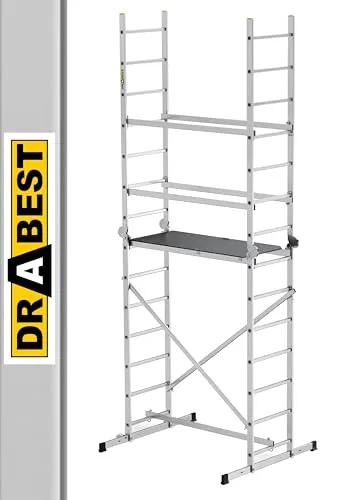 DRABEST Hector Basic - Leiter - Gerüst - Klappleiter - Aluminiumleiter - Leitergerüst - Max. Arbeitshöhe 4 m - Mehrzweckleiter - Trittleiter, Baugerüst, für Garten, Haushalt, BAU - Aluminium - Mobil