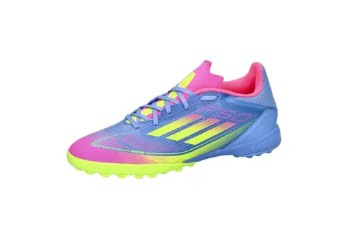 adidas Unisex F50 League TF Fußballschuh - Blue Fusion/Lucid Lemon/Lucid Pink, Größe 45 1/3 - Fußballschuhe mit regulärer Passform und Fiberskin Obermaterial für optimalen Halt und Komfort auf Kunstrasen.