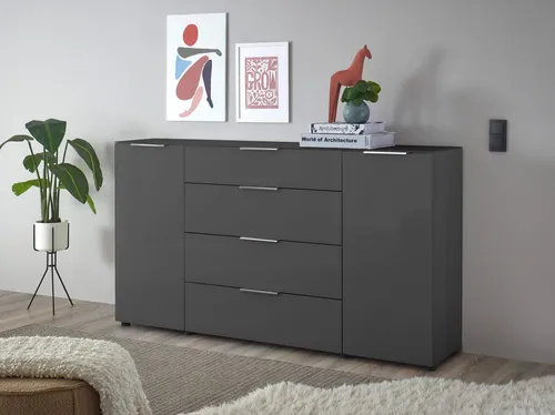 Stella Trading Sideboard Kommode SANTORIN Anthrazit 180 cm - Kommode & Sideboard in modernem Design mit Glasfront, bietet viel Stauraum und verstellbare Einlegeböden, ideal für Wohnzimmer oder Eingangsbereich.
