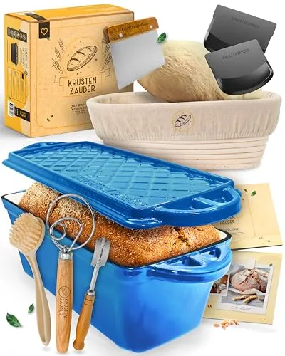 KRUSTENZAUBER XXL Brotbackform mit Deckel - 28 cm Gusseisen Kastenform Set - Vollständiges Set mit Gärkorb und Backzubehör für einfaches Brotbacken. Die emaillierte Gusseisenform sorgt für gleichmäßige Hitzeverteilung und perfekte Backergebnisse – ideal für frisches, knuspriges Brot zu Hause.