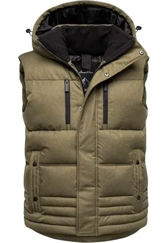 Amaci&Sons Herren Dicke Outdoor Winter Weste mit Kapuze 9139 Olive XL - Moderne Herren Steppweste von Amaci&Sons – leicht und strapazierfähig aus 100% Polyester. Warm gefüttert, ärmellos für maximale Bewegungsfreiheit. Praktische abnehmbare Kapuze und Taschen für Alltag und Outdoor-Aktivitäten.