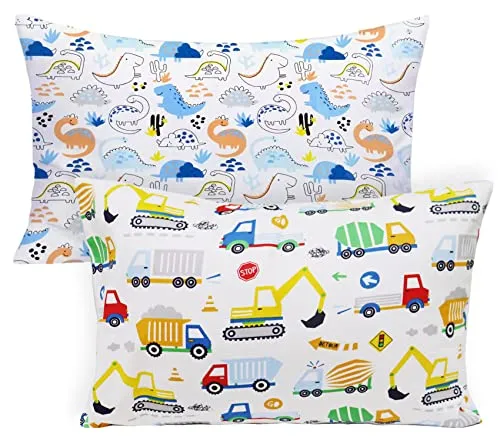 Kissenbezug Kinder Baby Kopfkissenbezug Baumwolle Toddler Pillowcase Kissenbezüge Kissen 40 x 60 cm Junge Kissenhülle Mädchen, Geschenke zum Kindertag Dinosaurier Lastwagen