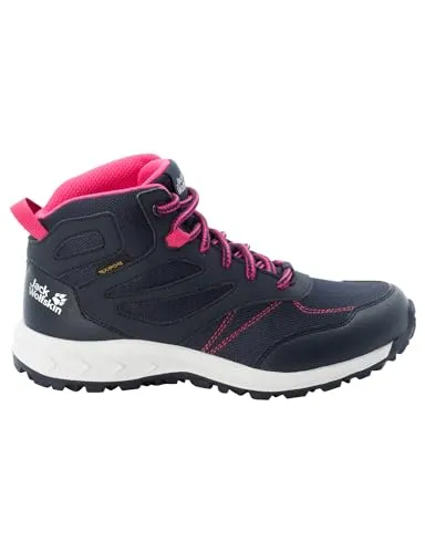 Jack Wolfskin Woodland Texapore Mid K Wanderschuh für Jungen und Mädchen, Night Blue/Pink, 29 EU - Wanderschuhe für Kinder, leicht und komfortabel, wasserdicht und atmungsaktiv mit griffiger Sohle für sicheres Laufen in der Natur.