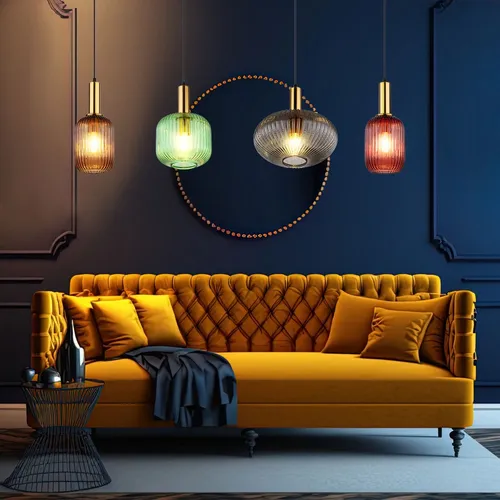 LED Pendelleuchte 4-flammig Retro Design - Lampen - Stilvolle Hängelampe mit bunten Glasschirmen, anpassbarer Höhe bis 120 cm und warmweißem Licht, ideal für Esszimmer und gemütliche Atmosphäre.