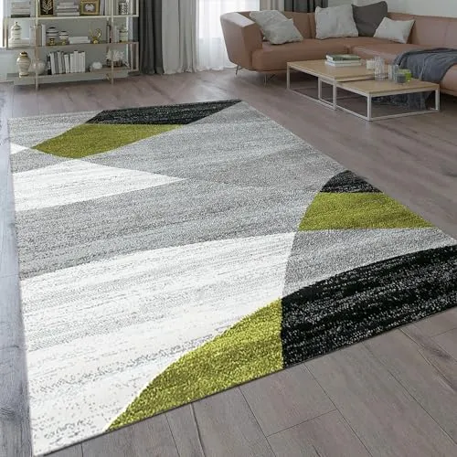 VIMODA Teppich Geometrisches Muster Meliert in Grün Grau Weiß Schwarz Kurzflor Wohnzimmer, Maße:80x150 cm