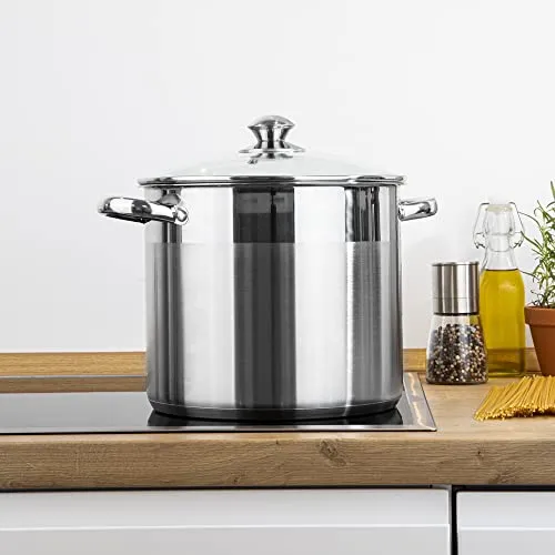 Universaltopf mit Glasdeckel 10ltr - Edelstahl Kochtopf 10 Liter mit Glasdeckel, induktionsgeeignet und ideal für Eintöpfe und Spaghetti. Der Kapsel-Thermoboden sorgt für gleichmäßige Hitzeverteilung und die praktische Messskala macht das Kochen einfacher.