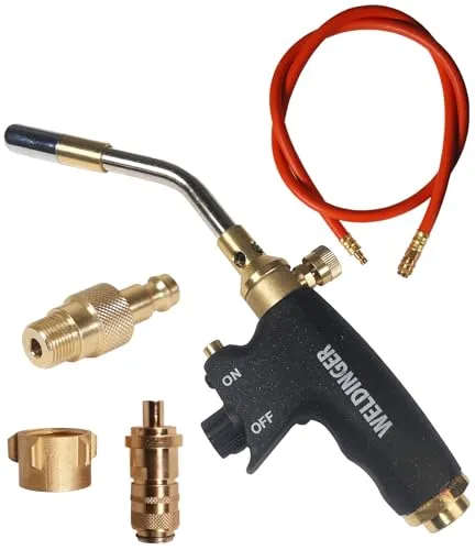 WELDINGER Lötfreund Piezo GA200 Pistolenbrenner - Hochleistungs-Lötbrenner mit Piezozündung, 3 m Gasschlauch und vielseitigen Einsatzmöglichkeiten für Weich- und Hartlöten sowie Grillanzünden. Ergonomischer Handgriff und effektives Gasregulierventil für präzises Arbeiten.