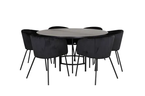 ebuy24 Essgruppe Copenhagen - 7-teiliges Esstisch-Set mit 6 Velours-Stühlen - Essgruppen-Set mit stilvollem Esstisch in Braun und 6 eleganten Berit-Stühlen aus schwarzem Velours. Hohe Qualität und Langlebigkeit für ein elegantes Zuhause.