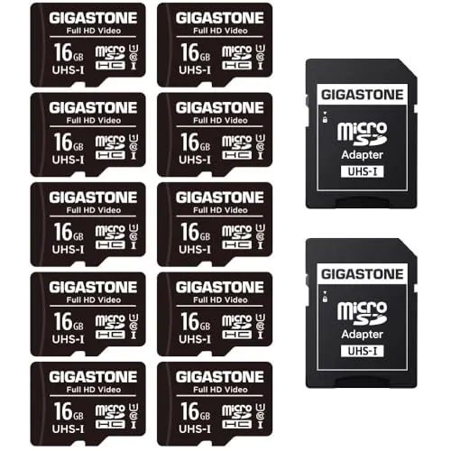 GIGASTONE 16GB MicroSDHC Speicherkarte 10er-Pack + SD Adapter, für Action-Kamera, GoPro, Drohne und Tablet, Lesegeschwindigkeit bis zu 85MB/s, Full HD-Videoaufnahme, Micro SD Karte UHS-I Klasse 10 U1