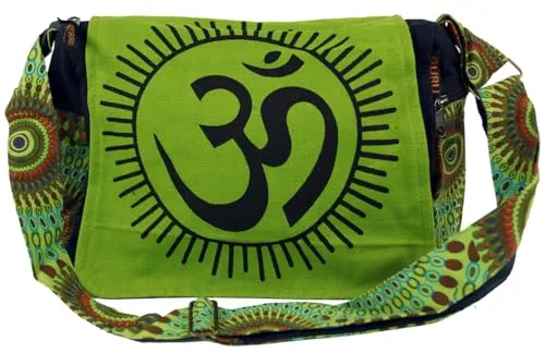 GURU SHOP Schultertasche, Hippie Tasche, Goa Tasche Om - Grün, Unisex - Erwachsene, 22x35x20 cm