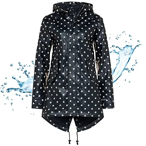 BMS Regenmantel 100% wasserdicht - marine mit weißen Sternen - Größe 36 - Funktionsjacken: Sportlich-eleganter Regenmantel, 100% wasserdicht und winddicht, ideal für aktive Damen. Angenehm weich und pflegeleicht, perfekt für jeden Regenwetter-Einsatz.