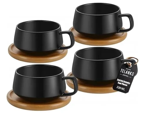 4er Set Cappuccino Tassen mit Untertassen, 320 ml Kaffeebecher aus Keramik, Cappuccino Tassen Groß, für Kaffeeliebhaber, Cappuccino, Latte, Americano und Tee, Schwarz